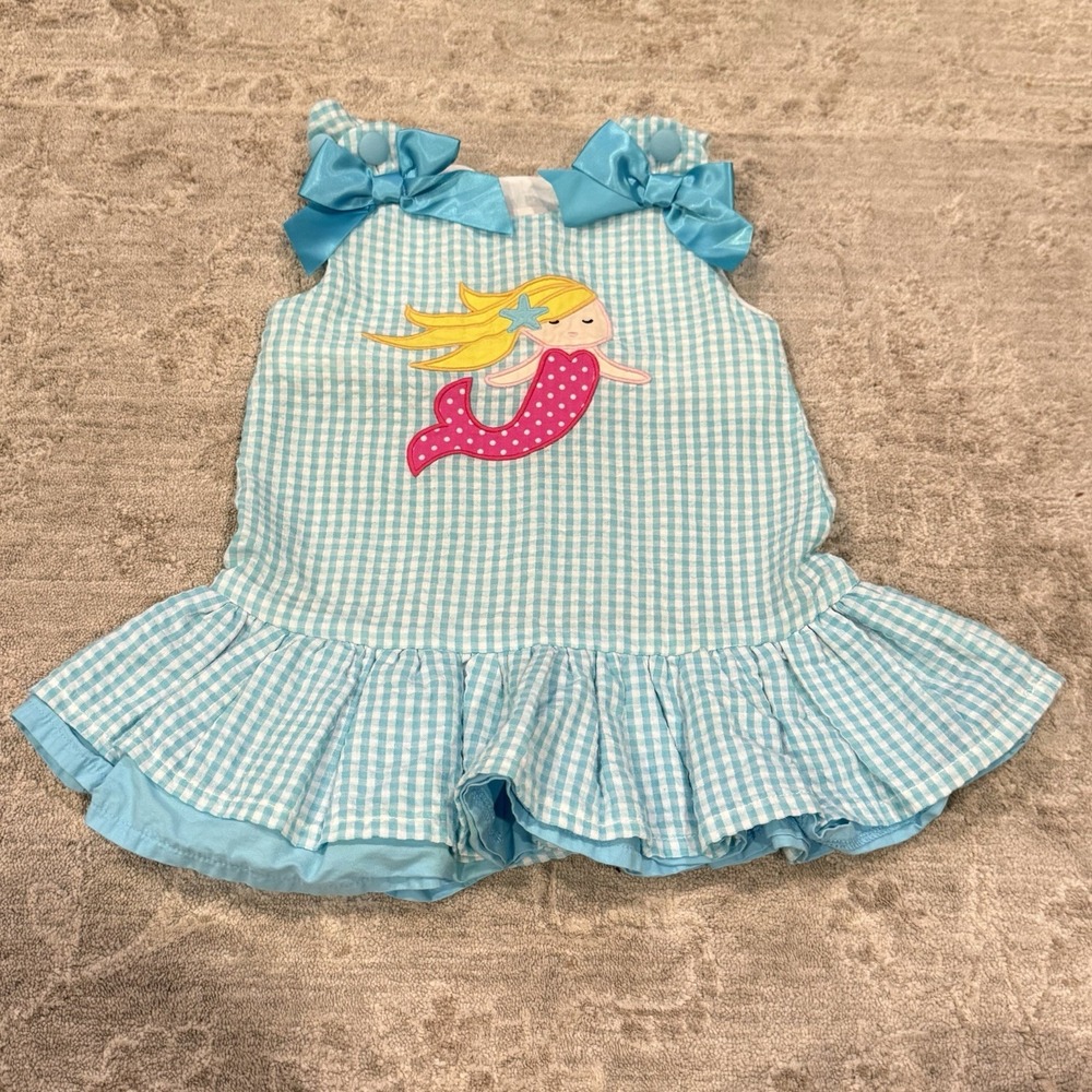 Lil Cactus Mermaid Gingham Seersucker Ruffle Dress Blue White 6-12 Months